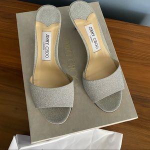 Jimmy Choo Stacey 65 Silver Glitter Slide Sandals